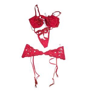 NEW Victoria Secret 3 Piece Lingerie Set Dream Angels Red Lace Thong Garter 36B
